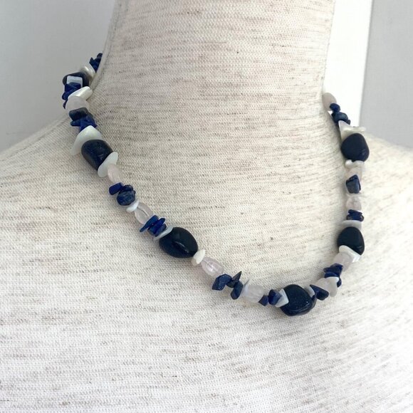 Sterling Silver 925 Sodalite Quartz MOP Blue Goldstone Beaded Necklace 17.5" - Picture 3 of 16